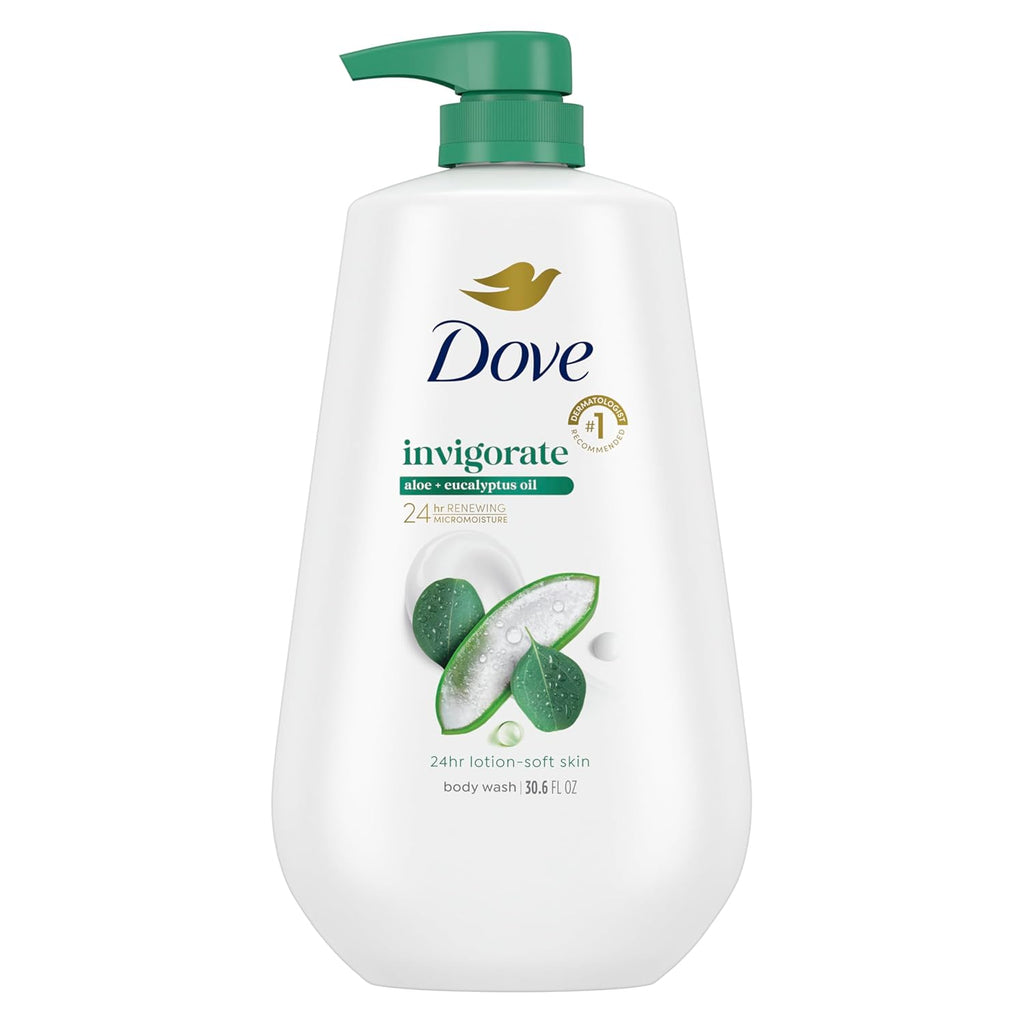 Gel douche Dove avec pompe Vivifiant Aloès & Eucalyptus pour une peau douce comme une lotion pendant 24h Nettoyant hydratant sans sulfates ni parabènes 907 g
