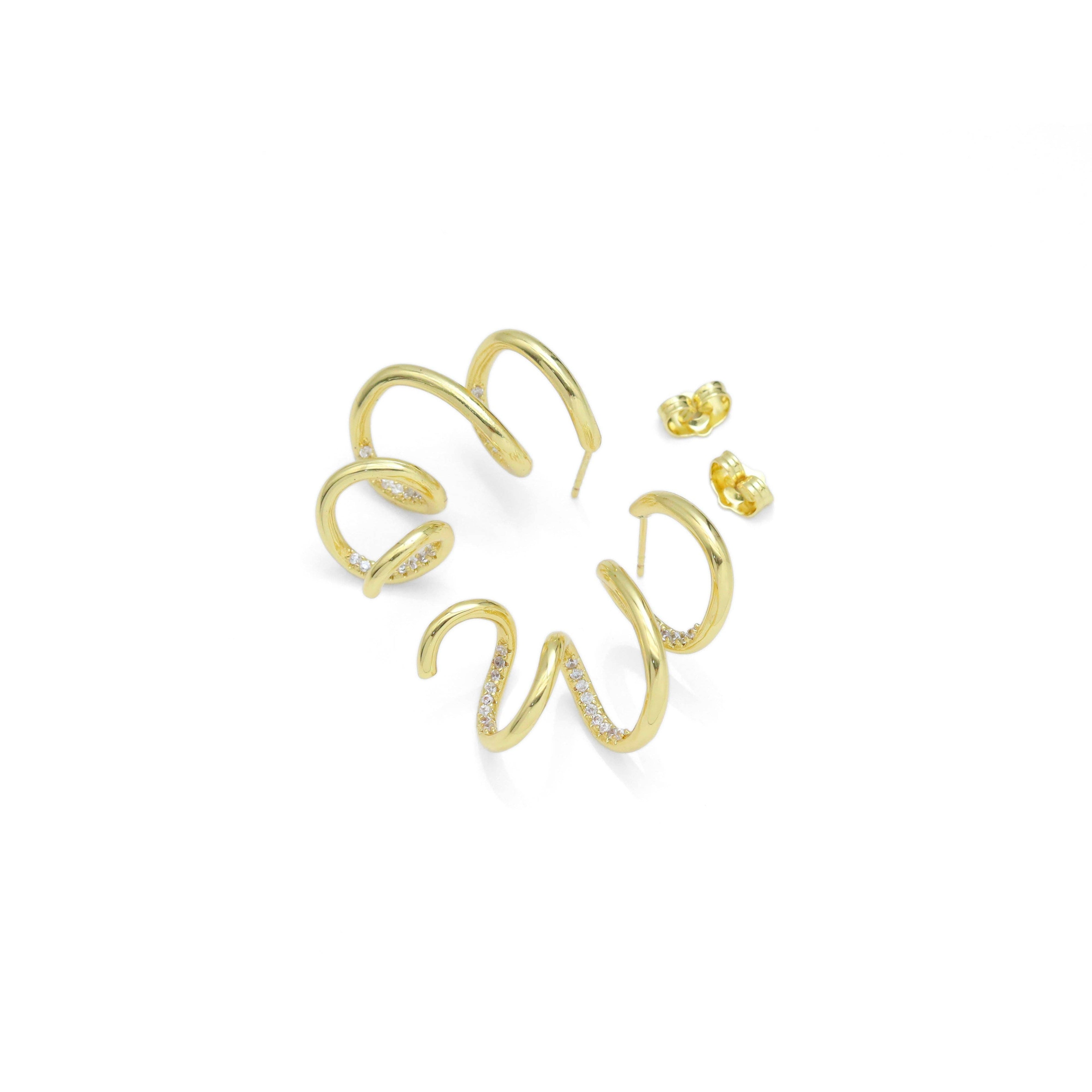Clear CZ Gold Silver Spiral Swirl Earrings, Sku#A259