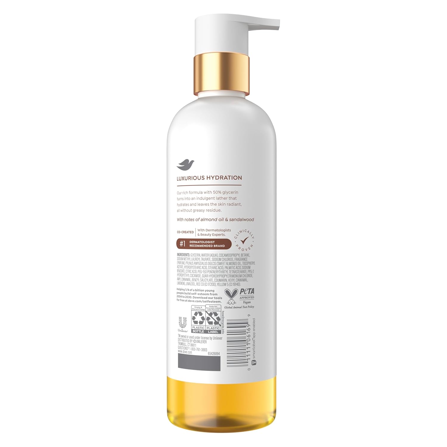 Gel douche huile de douche Dove avec sérum de glycérine, huile d'amande et bois de santal, nettoyant hydratant et apaisant pour peaux sèches, 452 ml