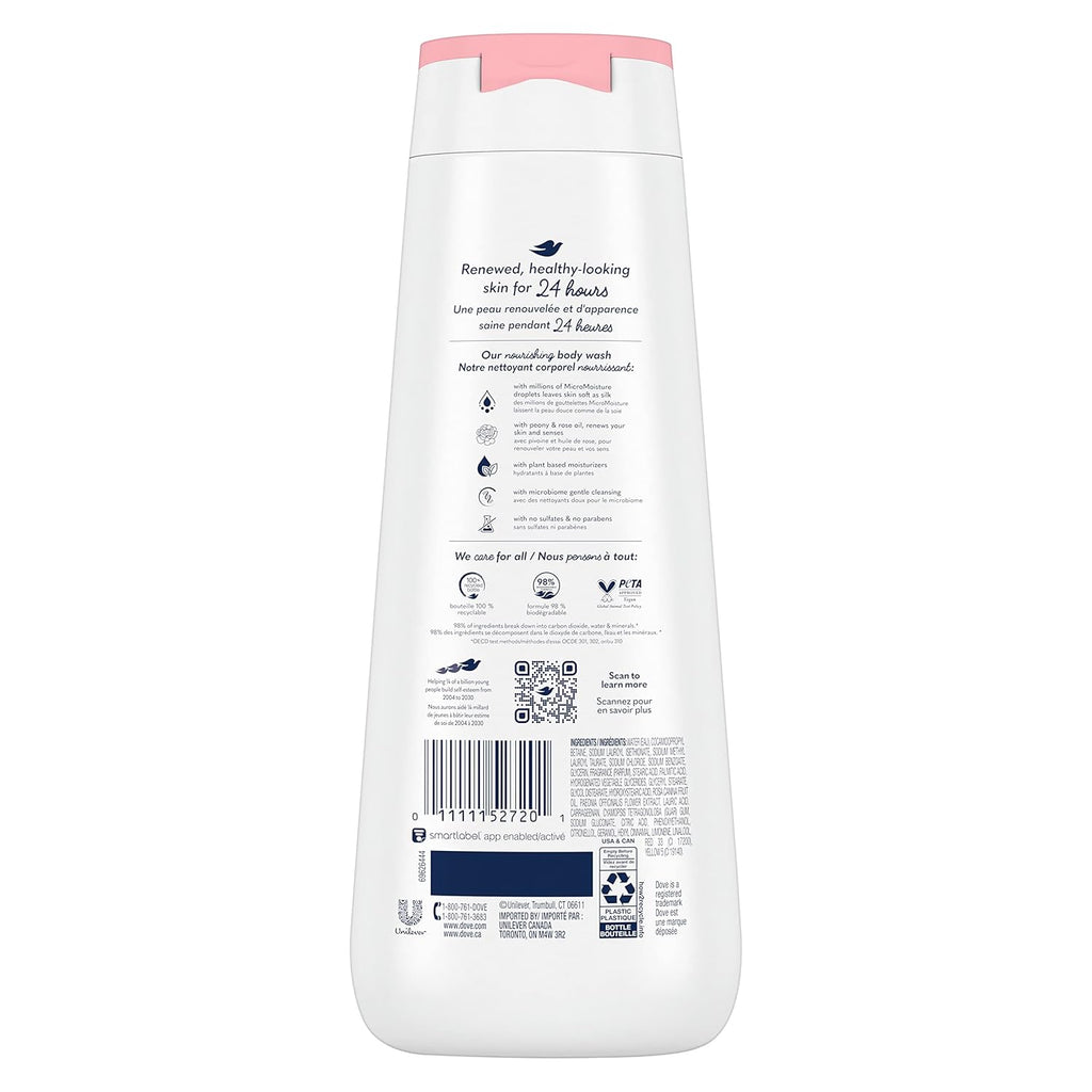 Gel douche Dove, lot de 4, Pivoine régénérante et huile de rose pour une peau renouvelée et d'apparence saine, nettoyant doux avec MicroHydratation régénérante 24h, 591 ml