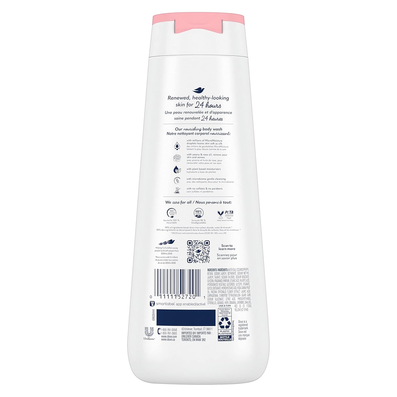 Gel douche Dove, lot de 4, Pivoine régénérante et huile de rose pour une peau renouvelée et d'apparence saine, nettoyant doux avec MicroHydratation régénérante 24h, 591 ml