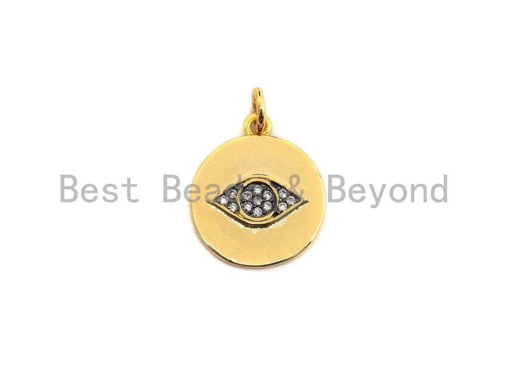 Dual Color CZ Micro Pave Evil Eye on Disc Pendant/Charm,Evil Eye Cubic Zirconia Pendant, Gold Tone,14x17mm,Sku#Z441