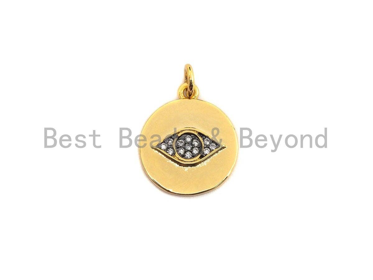Dual Color CZ Micro Pave Evil Eye on Disc Pendant/Charm,Evil Eye Cubic Zirconia Pendant, Gold Tone,14x17mm,Sku#Z441