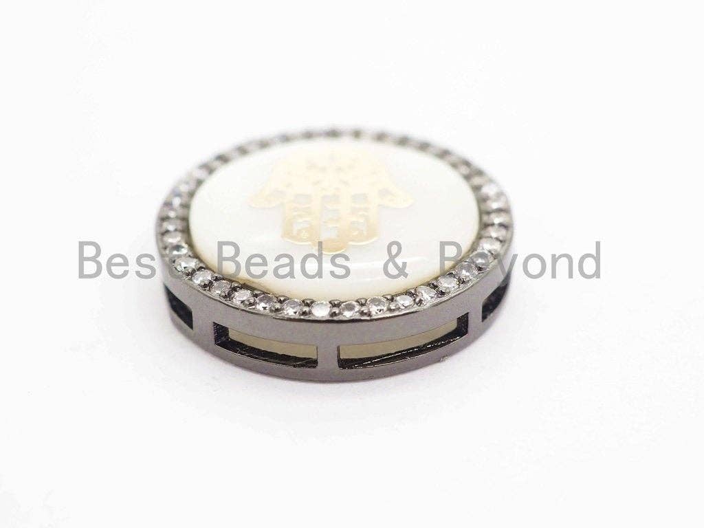 CZ Micro Pave Gilding Hamsa Hand on Mother of Pearl Disc Bea