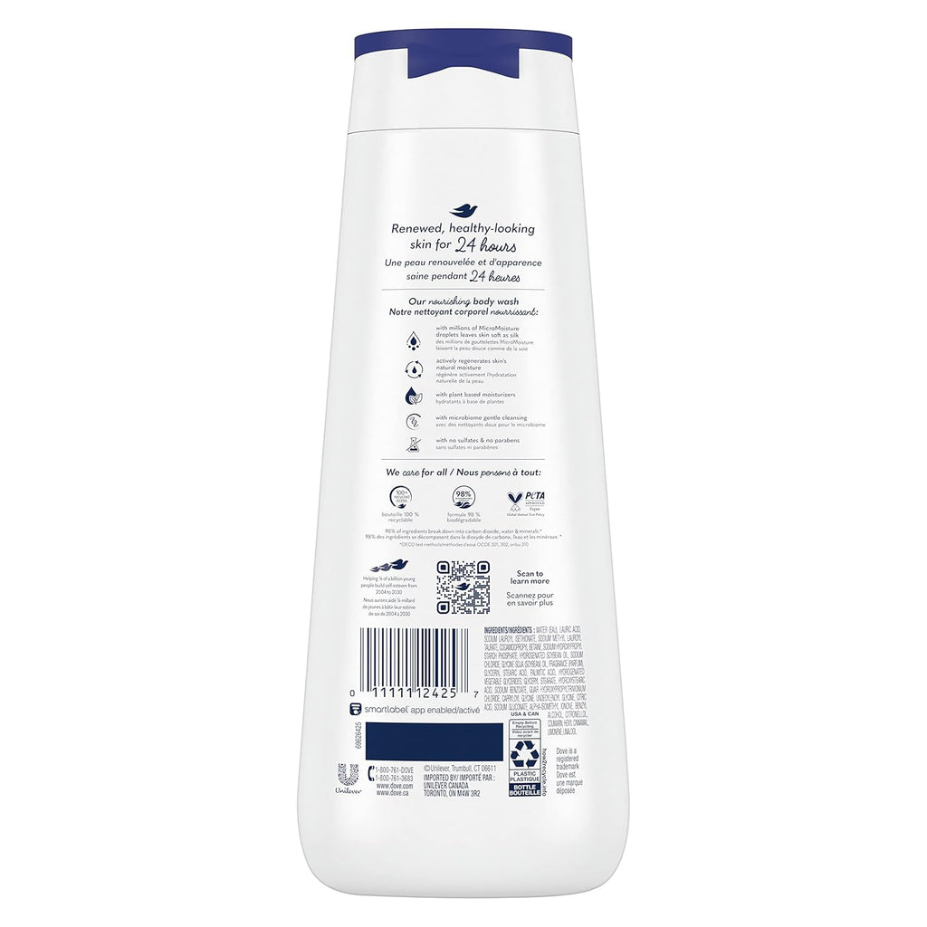 Gel douche Dove aux nourrissants naturels pour une peau instantanément douce et une nutrition durable, Nettoyant hydratant en profondeur qui élimine efficacement les bactéries tout en nourrissant votre peau, 591 ml (lot de 4)