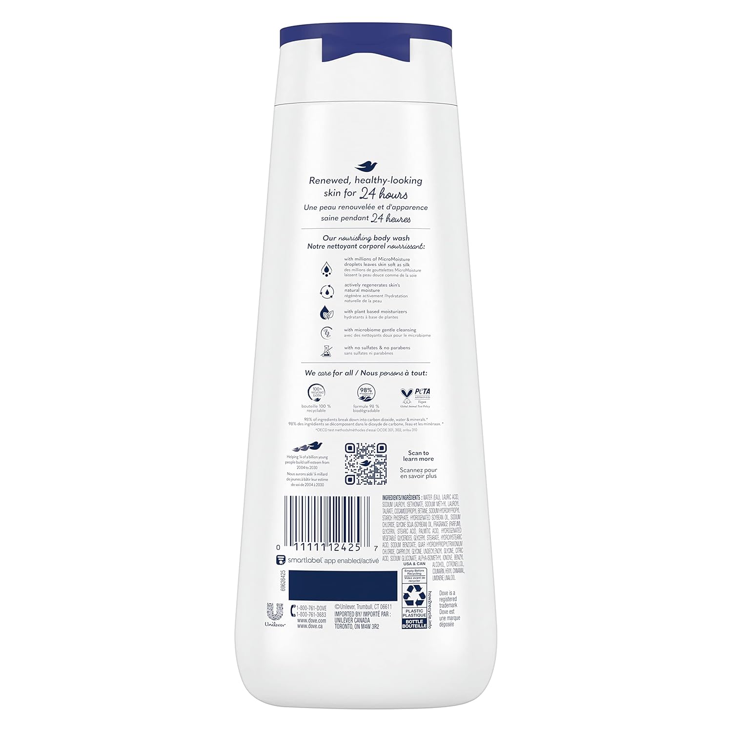 Gel douche Dove aux nourrissants naturels pour une peau instantanément douce et une nutrition durable, Nettoyant hydratant en profondeur qui élimine efficacement les bactéries tout en nourrissant votre peau, 591 ml (lot de 4)