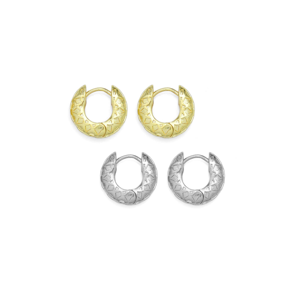 Gold Silver Rhombus diamond patten Chunky Huggie Earrings, Sku#A241