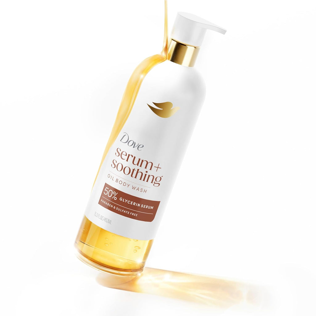 Gel douche huile de douche Dove avec sérum de glycérine, huile d'amande et bois de santal, nettoyant hydratant et apaisant pour peaux sèches, 452 ml