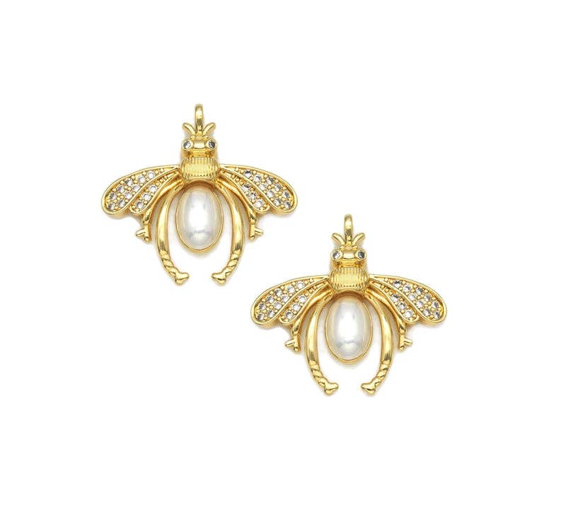 Large Pave CZ Gold Pearl Bee Insect Charm, Sku#LX147