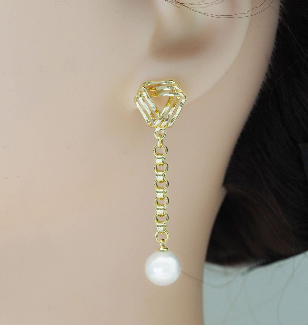 Gold Ear Climber Earrings, Link Pearl Earrings, Sku#LX123