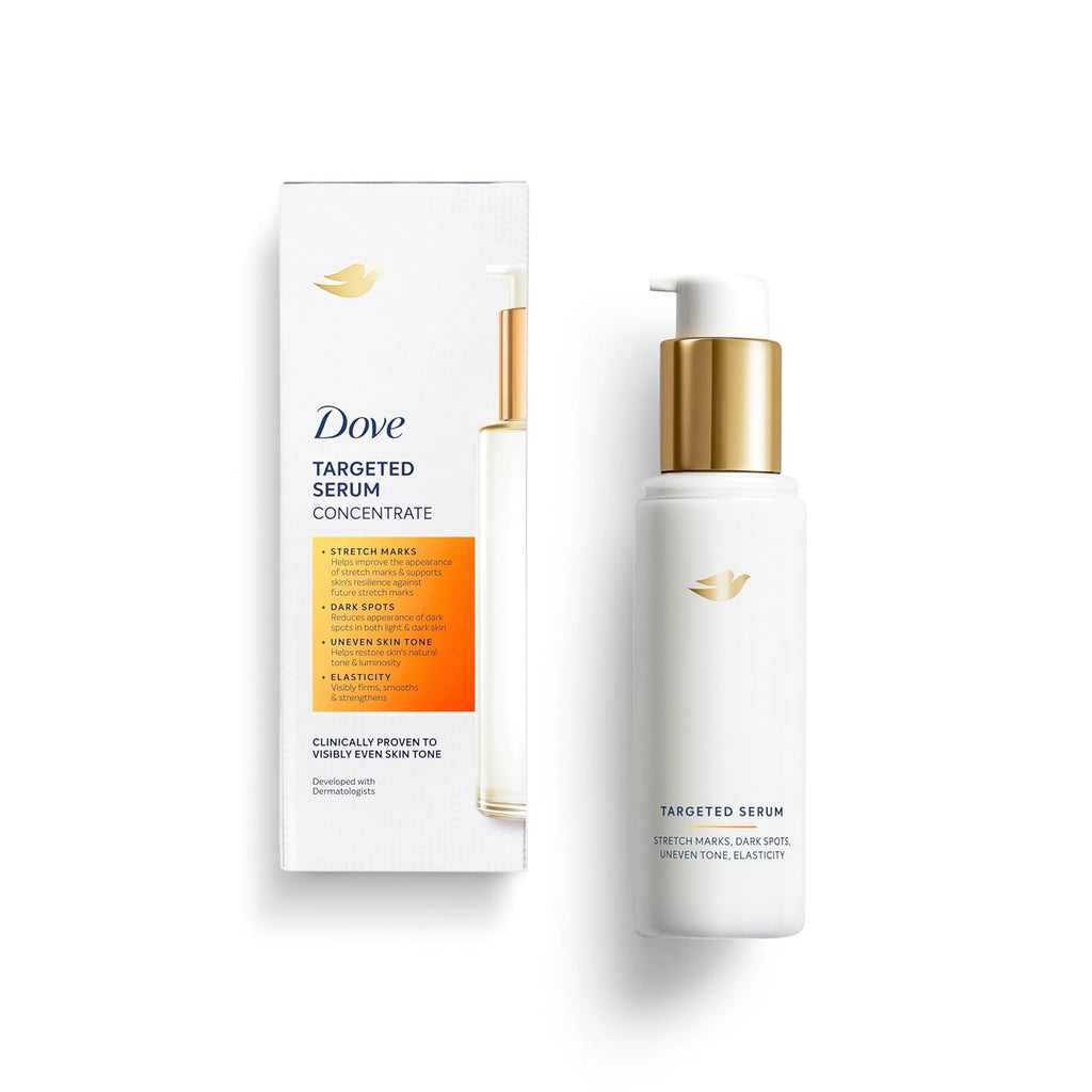 Sérum multi-usages Dove Targeted pour les vergetures, les taches brunes, le teint irrégulier et l'élasticité, avec complexe Tone Balance, niacinamide, peptides de collagène et facteurs naturels d'hydratation, 90 ml