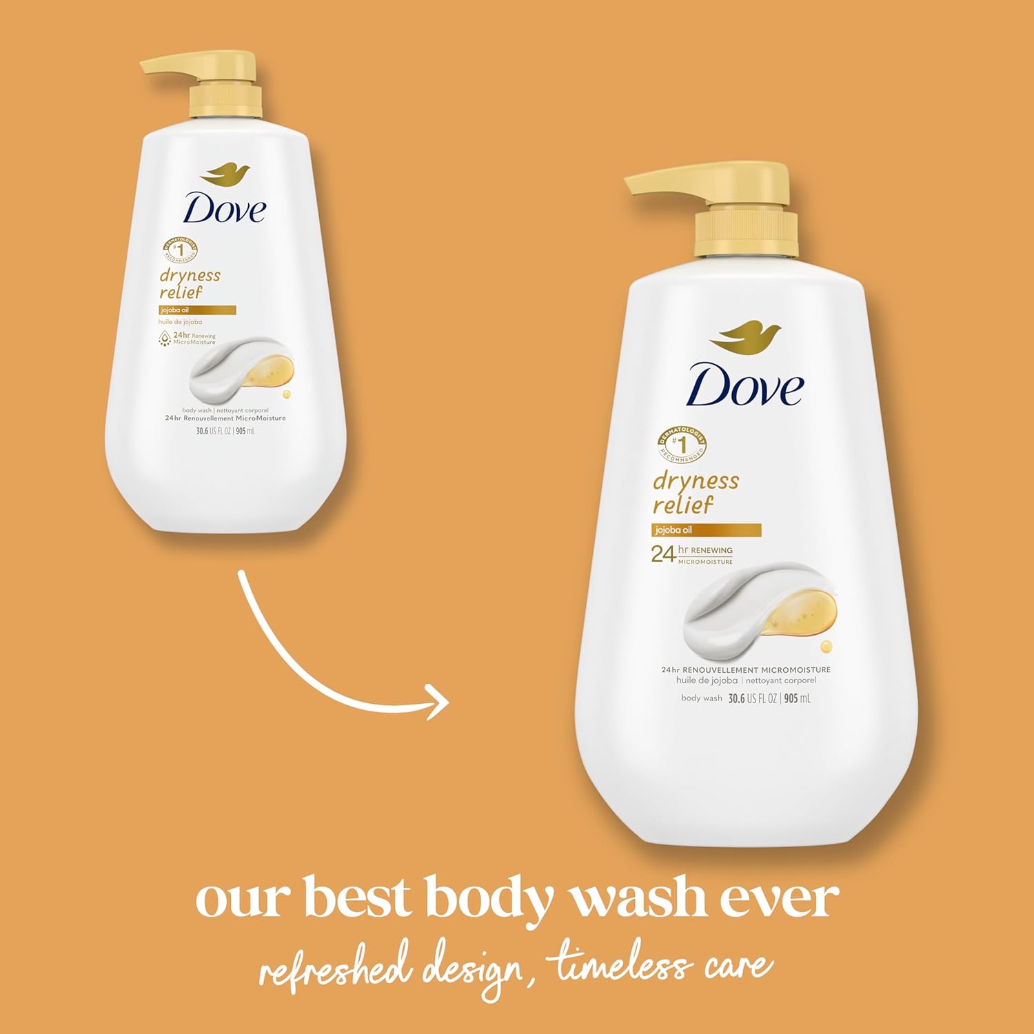 Nettoyant corps Dove avec pompe Soin Sécheresse à l'huile de jojoba Pour une peau douce et hydratée pendant 24h Nettoyant hydratant sans sulfates ni parabènes 907 g