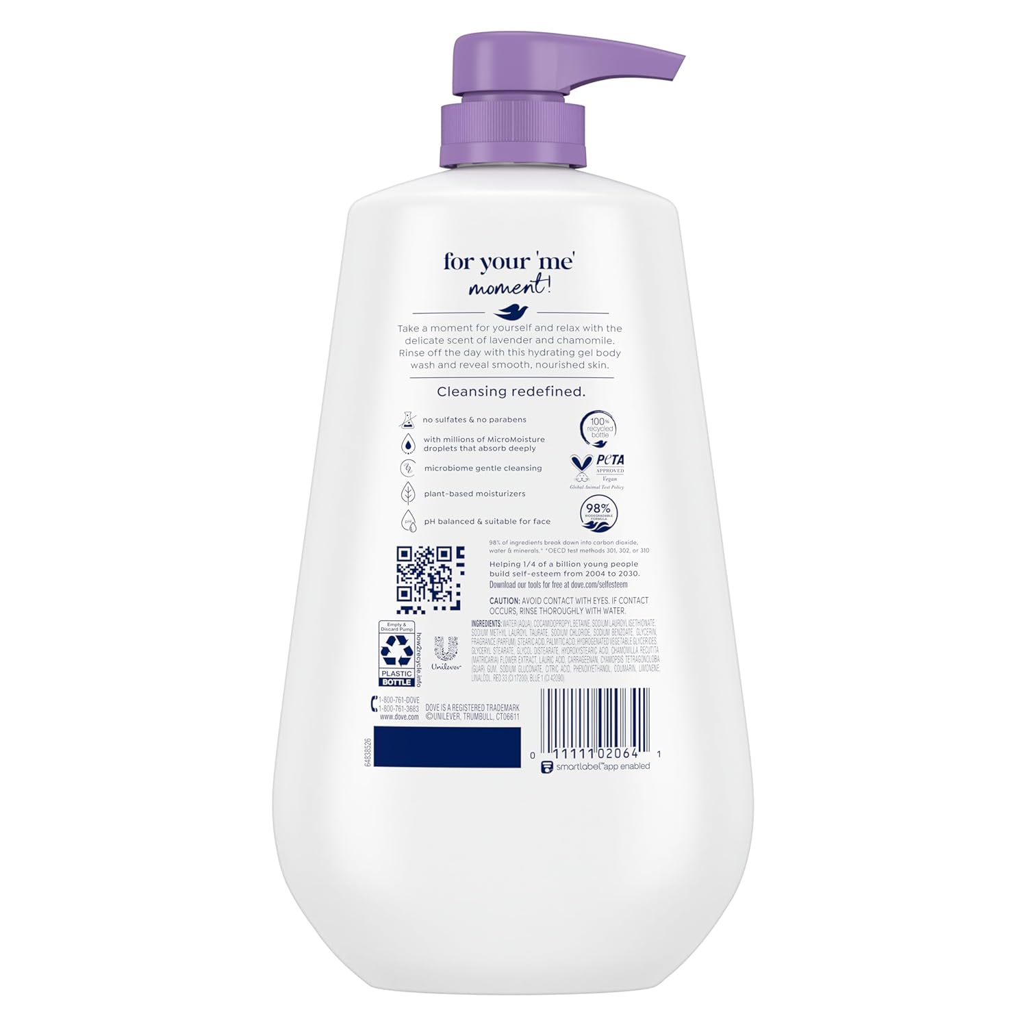 Gel douche Dove avec pompe, huile de lavande et camomille relaxantes, lot de 3 pour une peau régénérée et saine, nettoyant doux pour la peau avec MicroMoisture régénérant 24h, 867 g