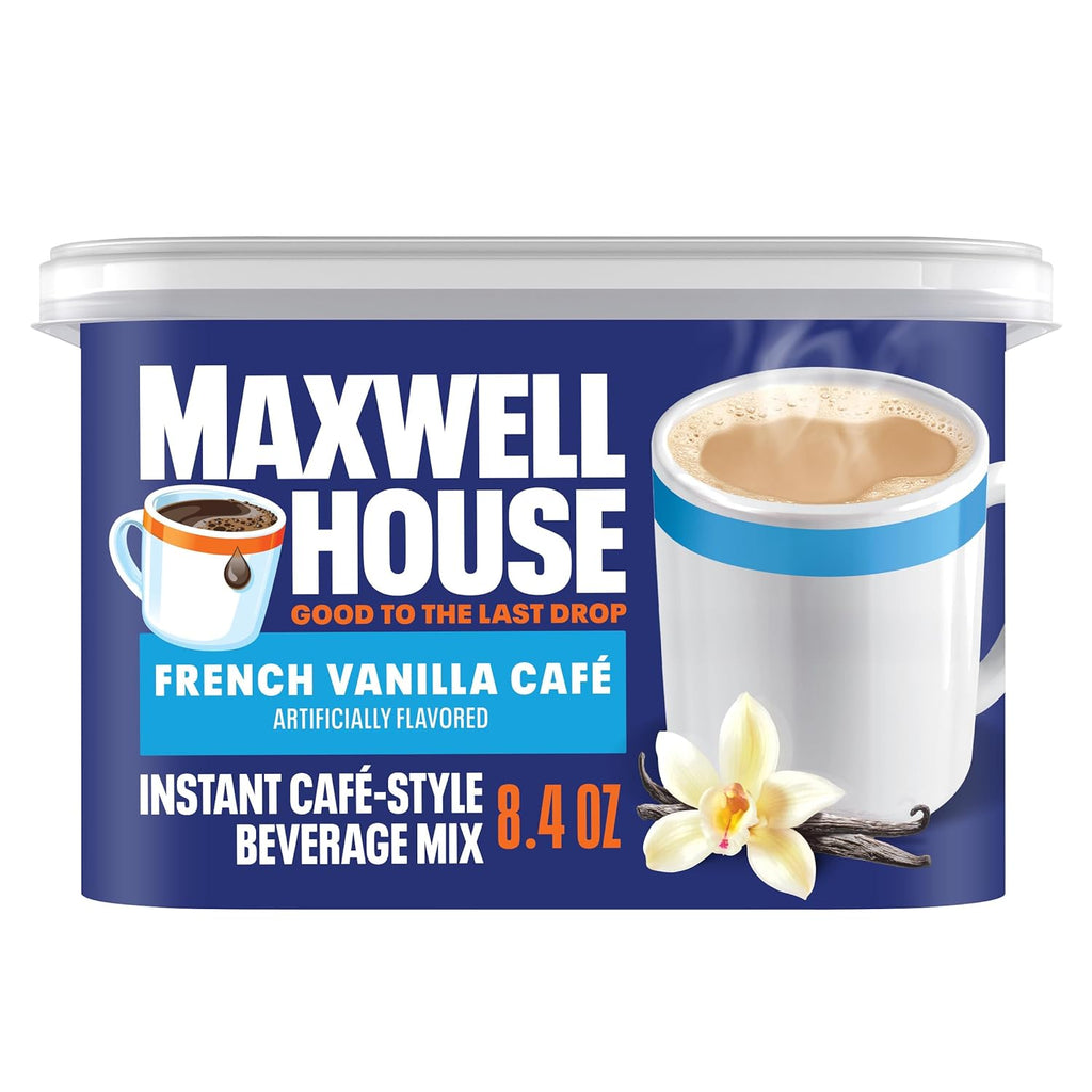 Préparation instantanée pour boisson de style café Maxwell House, facile à préparer, 1 boîte, pour un café rapide le matin ou une gâterie l'après-midi, café vanille française, produits laitiers casher, 238 g