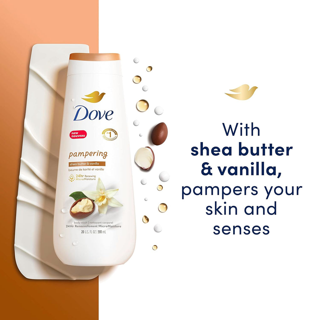 Gel douche Dove 4 unités au beurre de karité et à la vanille pour une peau renouvelée et d'apparence saine Nettoyant doux pour la peau avec MicroHydratation renouvelante 24h 591 ml