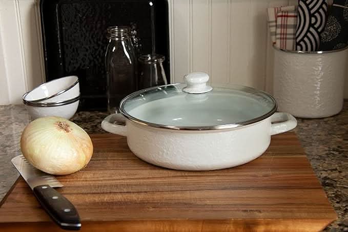 Golden Rabbit Non-Stick Enamelware 3 qt Saute Pan with Lid - Solid White