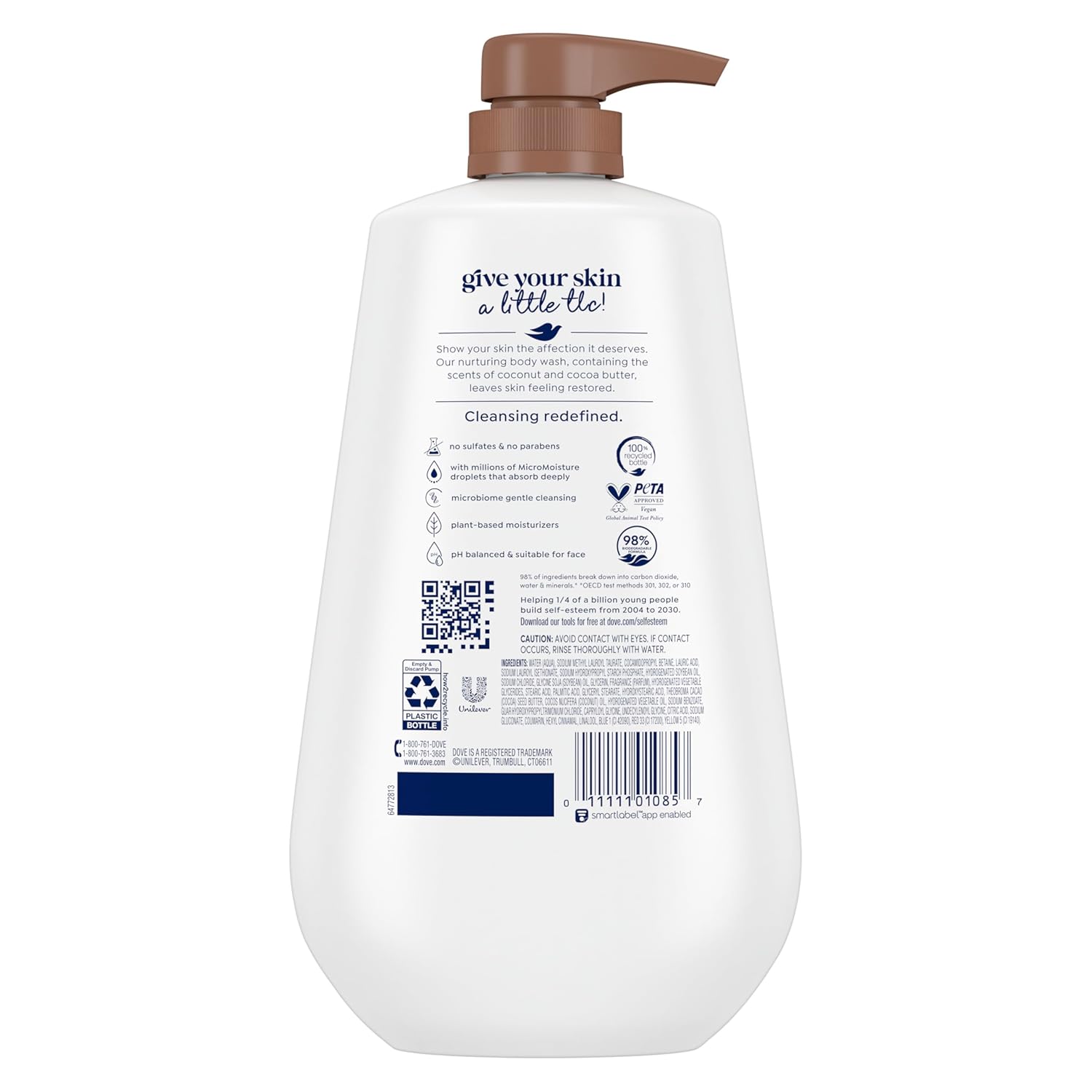 Gel douche Dove avec pompe, Beurre de coco et de cacao Restaurer pour une peau douce comme une lotion pendant 24 heures, nettoyant hydratant sans sulfates ni parabènes, 907 ml