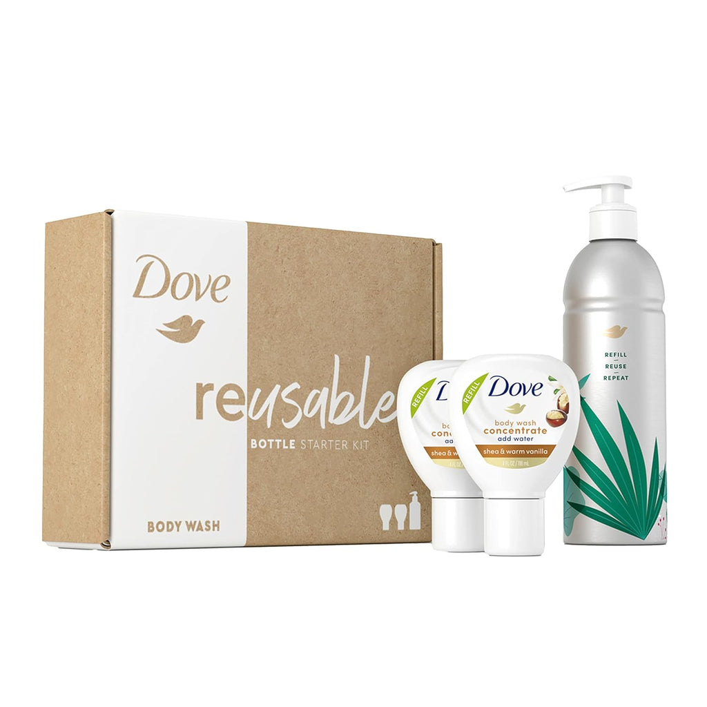 Kit de démarrage Bouteille réutilisable en aluminium et Recharge de concentré (2x) de gel douche Dove pour une peau douce instantanément, karité et vanille chaude pour le soin de la peau et une nutrition durable, 118 ml (donne 472 ml)
