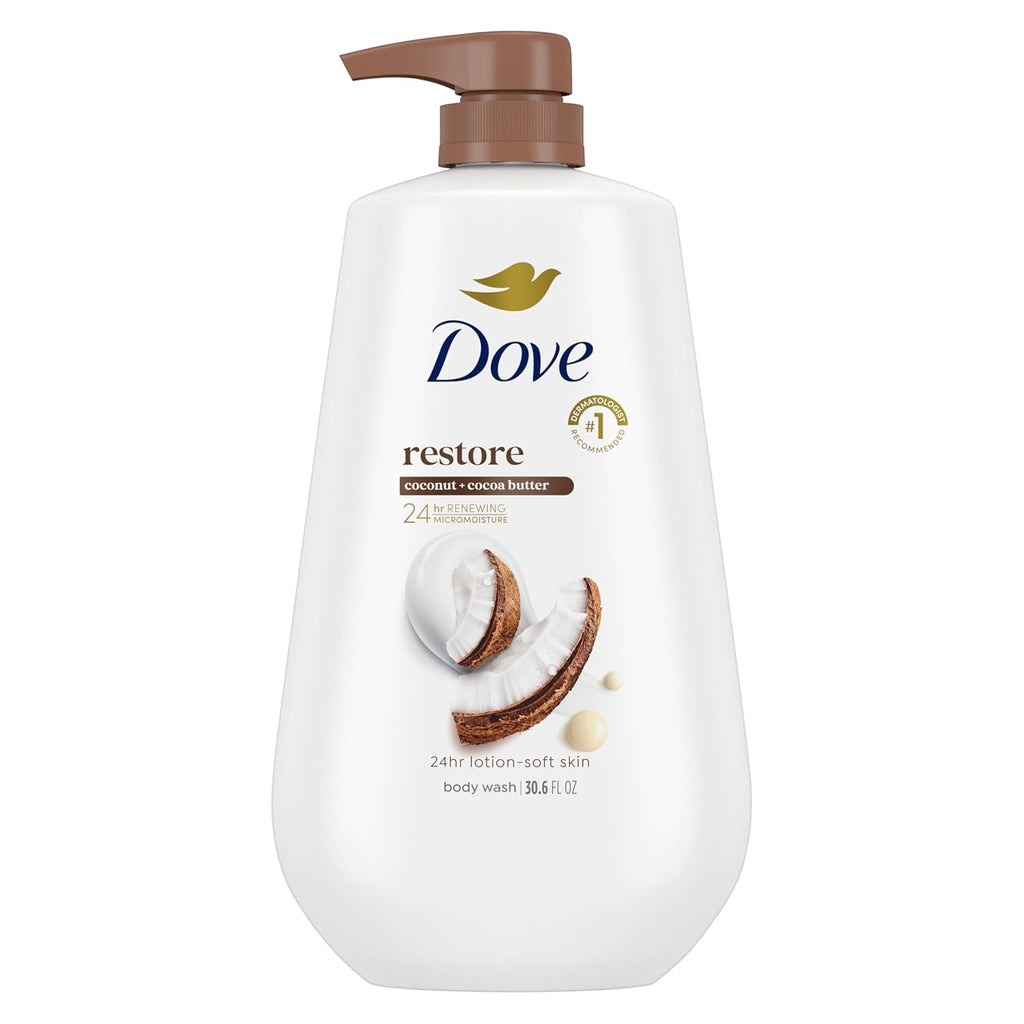 Gel douche Dove avec pompe, Beurre de coco et de cacao Restaurer pour une peau douce comme une lotion pendant 24 heures, nettoyant hydratant sans sulfates ni parabènes, 907 ml
