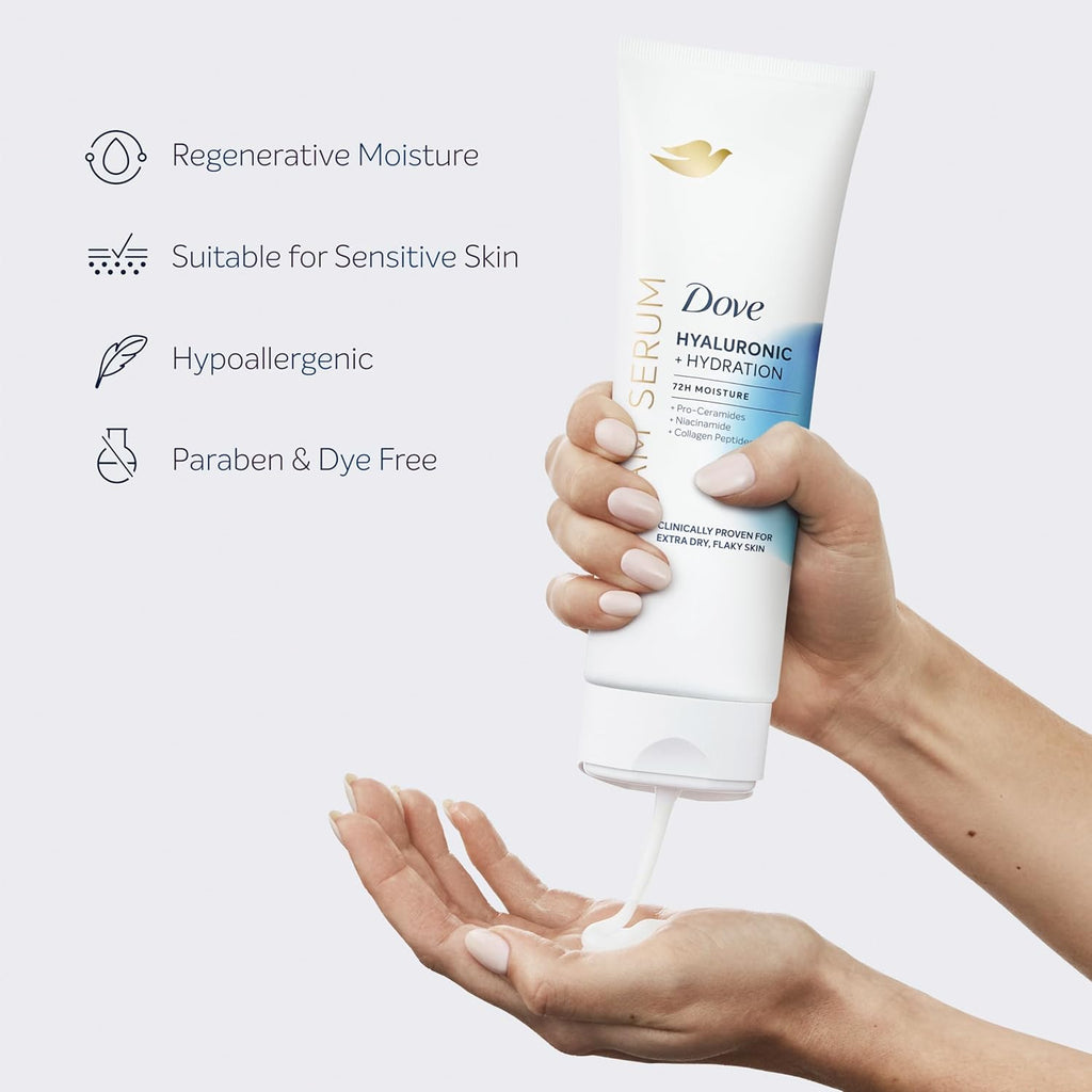 Sérum en crème Dove à l'acide hyaluronique + hydratation pour peaux très sèches et squameuses, avec pro-céramides, niacinamide et peptides de collagène, 236 ml