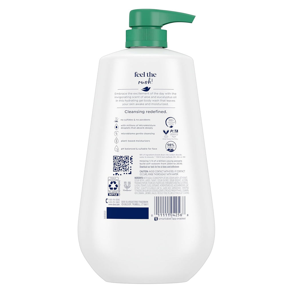 Gel douche Dove avec pompe Vivifiant Aloès & Eucalyptus pour une peau douce comme une lotion pendant 24h Nettoyant hydratant sans sulfates ni parabènes 907 g