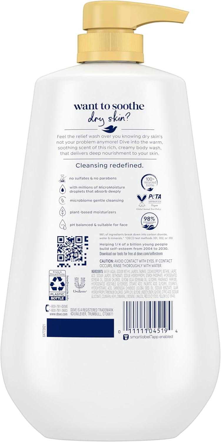 Nettoyant corps Dove avec pompe Soin Sécheresse à l'huile de jojoba Pour une peau douce et hydratée pendant 24h Nettoyant hydratant sans sulfates ni parabènes 907 g