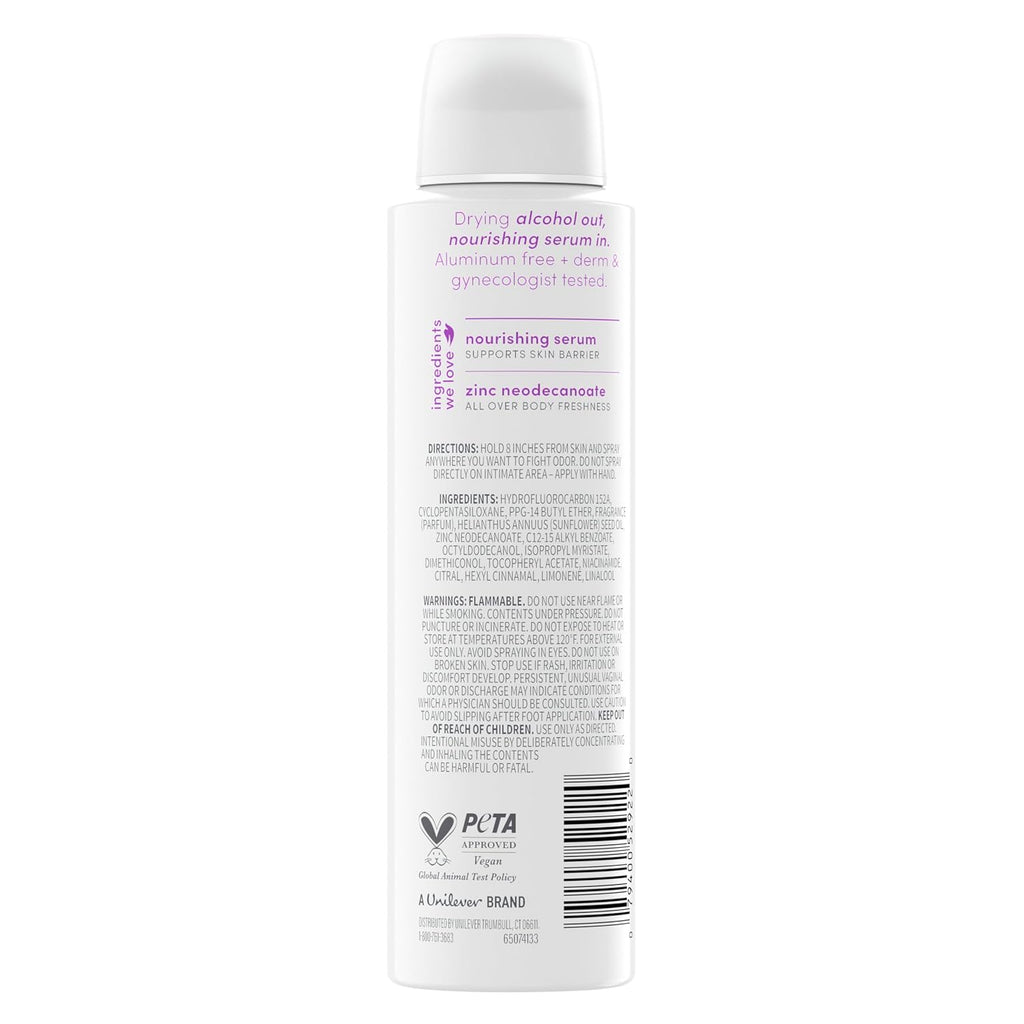Déodorant corporel intégral sans alcool en spray Dove pour femme contrôle des odeurs 72 heures Lavande en fleurs 113 g