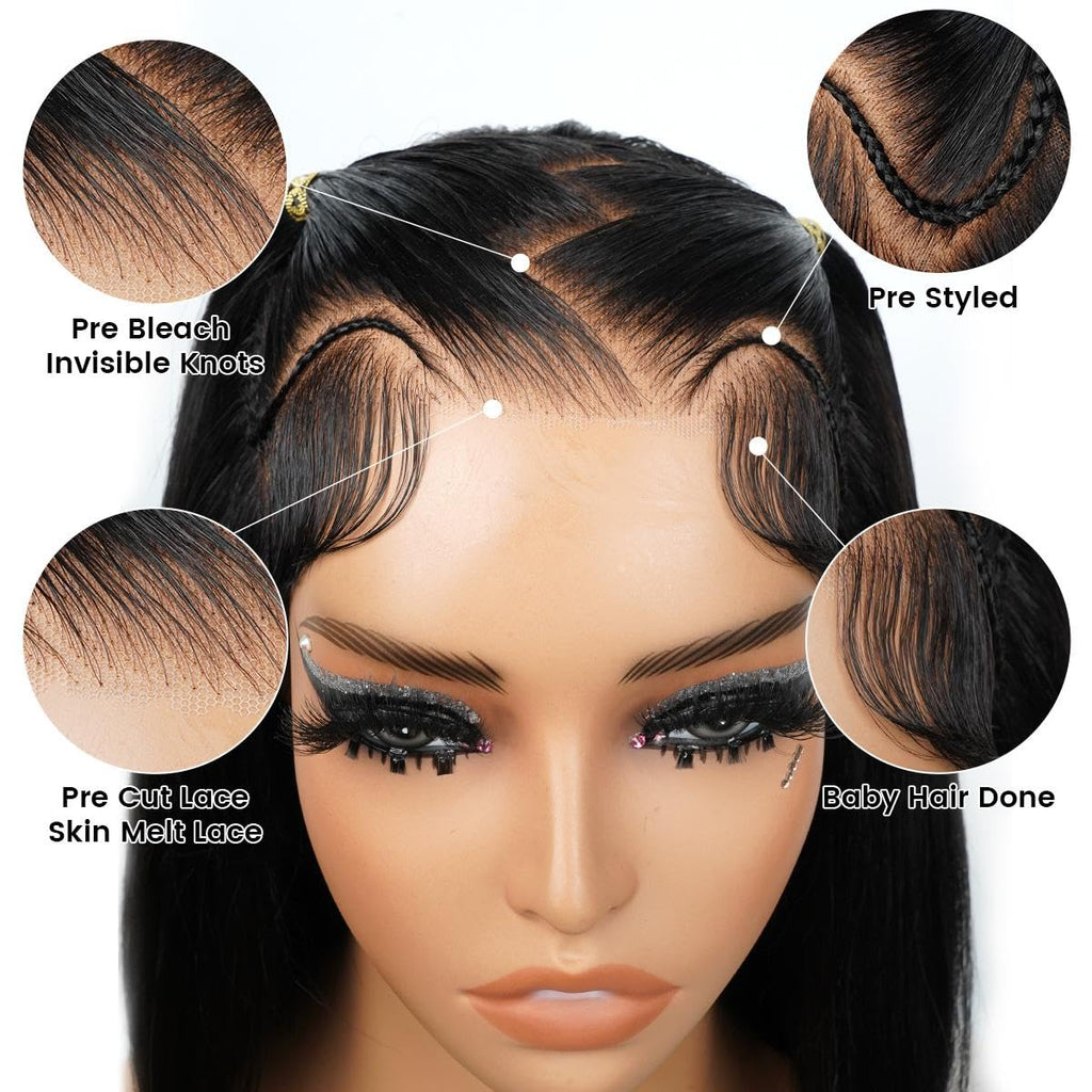 Perruque Lace Front Tressée en Zig Zag | Tulle Pré-coupé 13x4 | Tresses Droites | Perruque Synthétique Prête à Porter