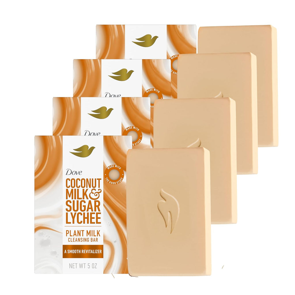 Pain de Toilette Solide Lait Végétal Noix de Coco & Sucre Litchi Revitalisant Douceur Dove, Lot de 4, pour une Peau Hydratée, Nettoyant Doux, Sans Sulfates ni Parabènes, Formule Biodégradable à 98%, 142 g