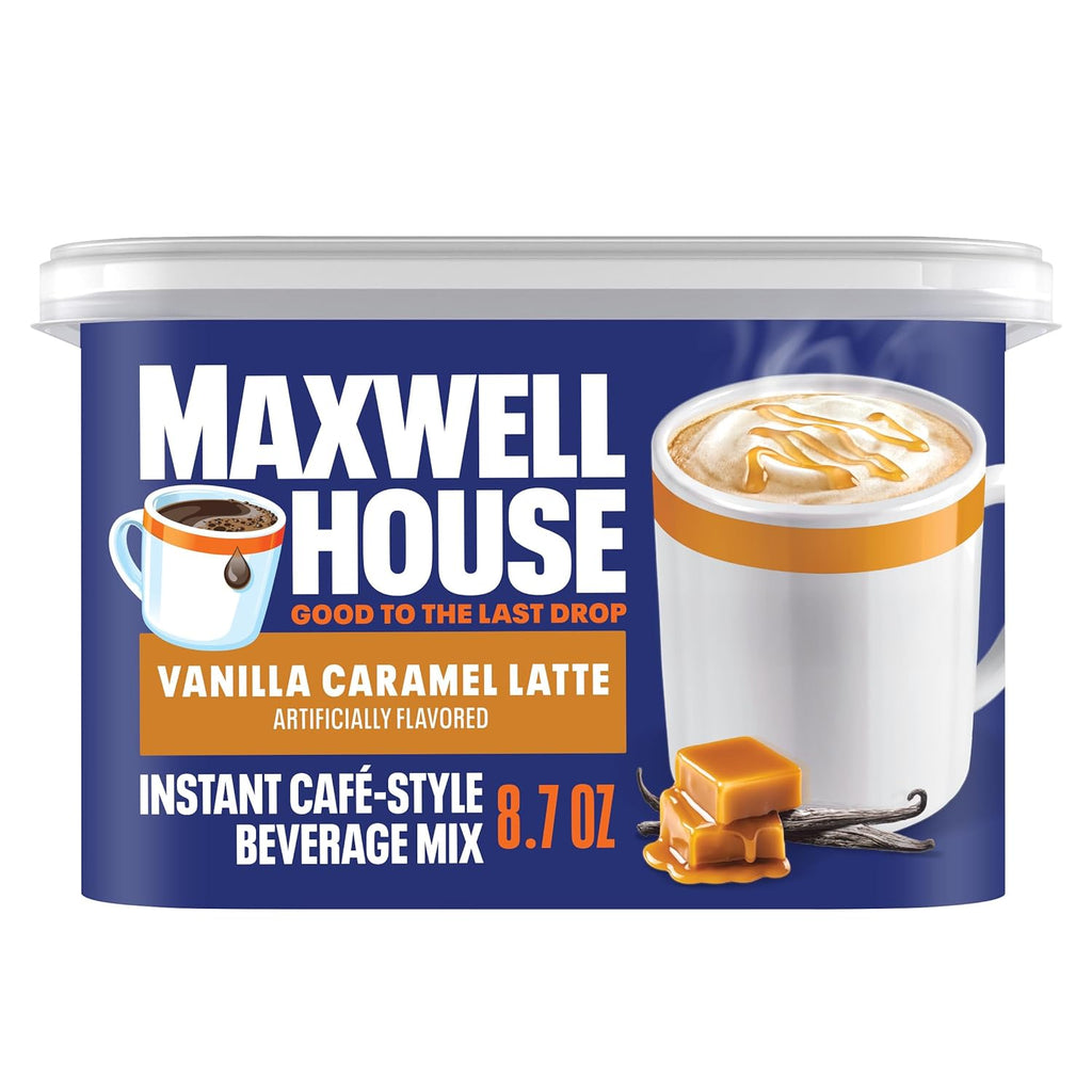 Préparation pour boisson instantanée style café Maxwell House, facile à préparer, 1 boîte, pour un café rapide le matin ou une gâterie l'après-midi, Latté Vanille Caramel, casher laitier, 246 g
