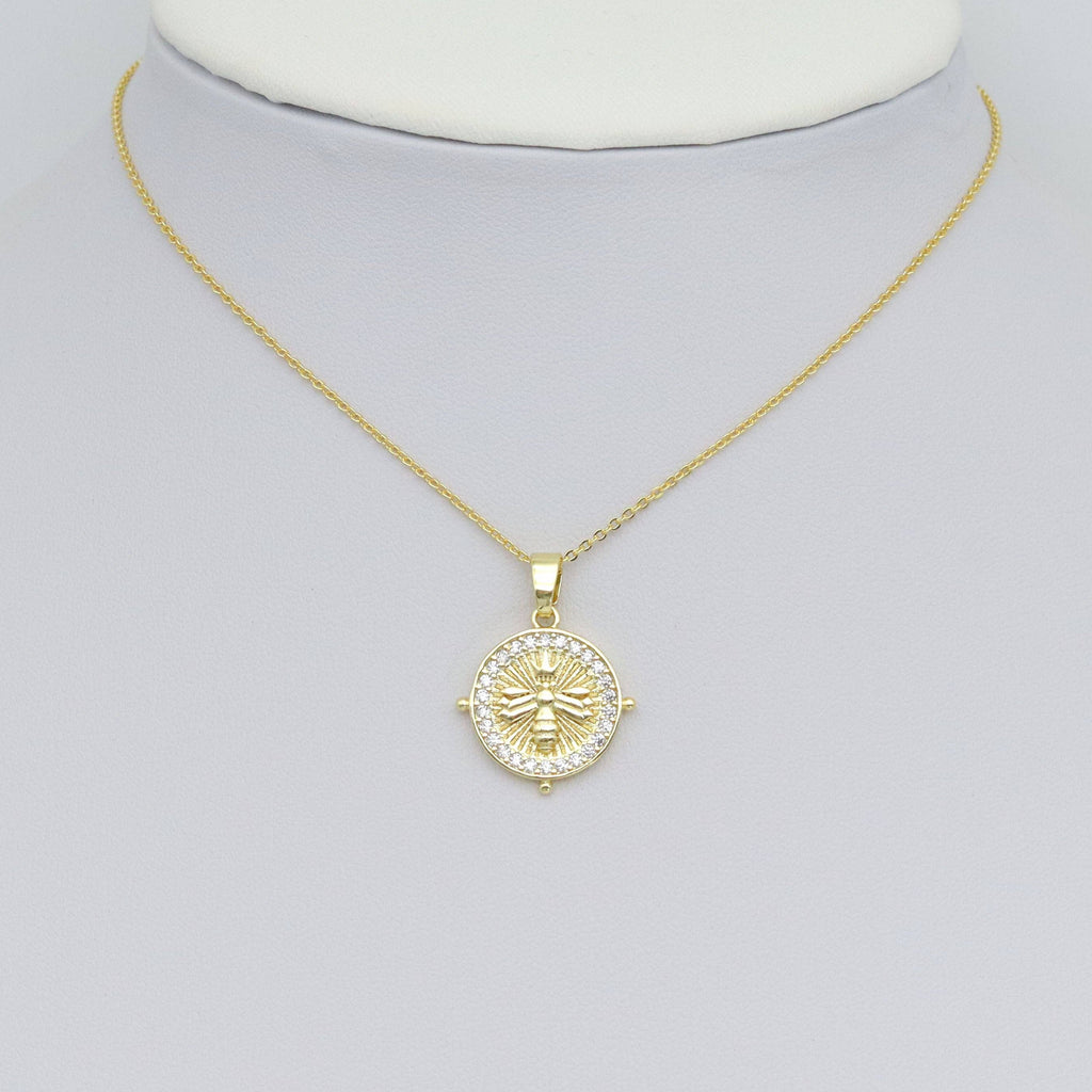 Clear CZ Around Gold Insect Bee On Round Coin Charm Pendant, Sku#LX764