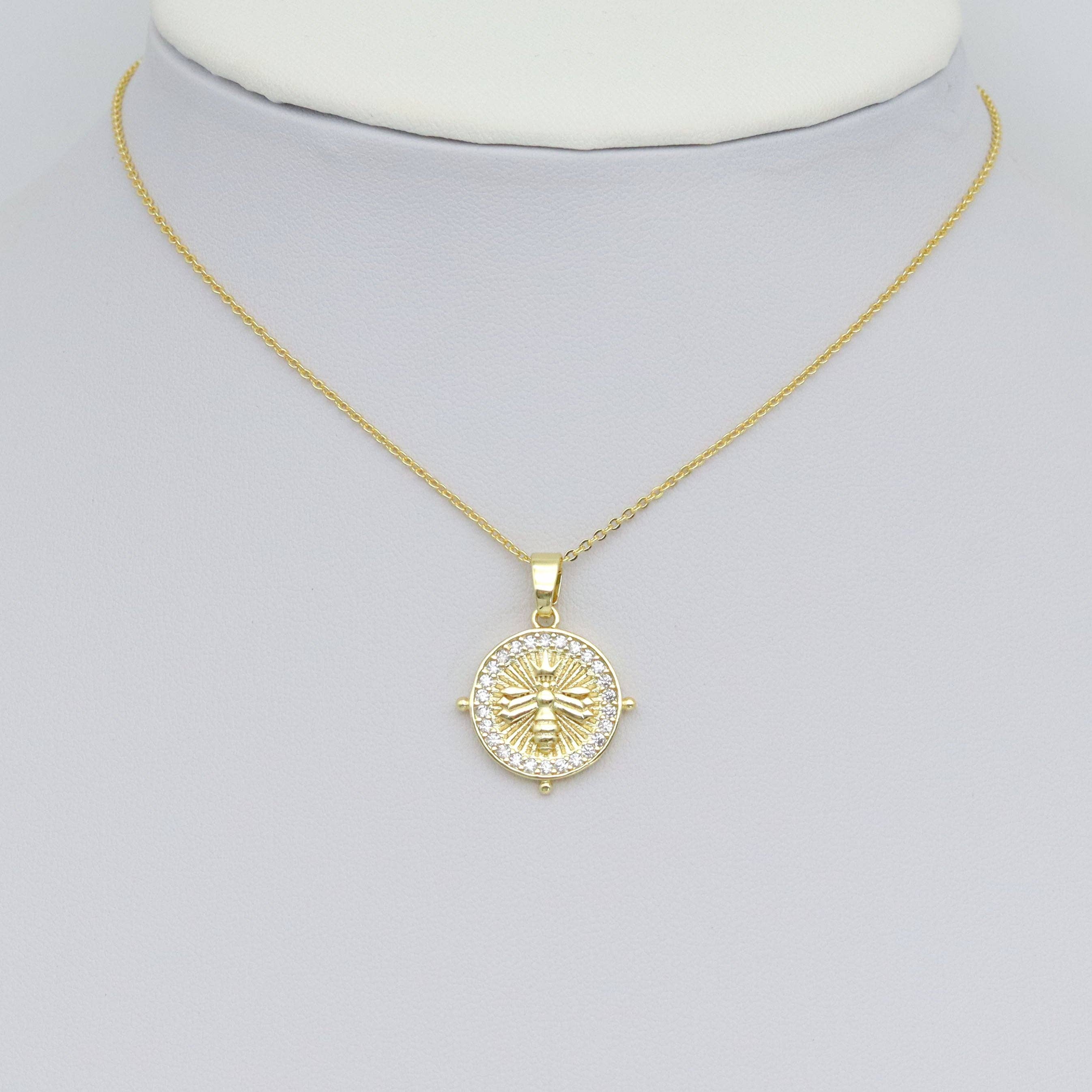 Clear CZ Around Gold Insect Bee On Round Coin Charm Pendant, Sku#LX764