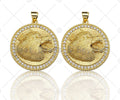 18K Gold Embossment Wolf Head On Round Coin Shape Pendant, Round Charm, Animal Pave Pendant, Gold plated, 25mm, Sku#LK60