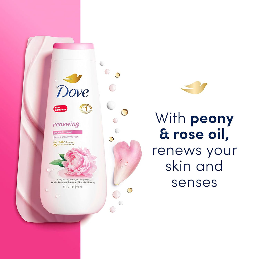 Gel douche Dove, lot de 4, Pivoine régénérante et huile de rose pour une peau renouvelée et d'apparence saine, nettoyant doux avec MicroHydratation régénérante 24h, 591 ml