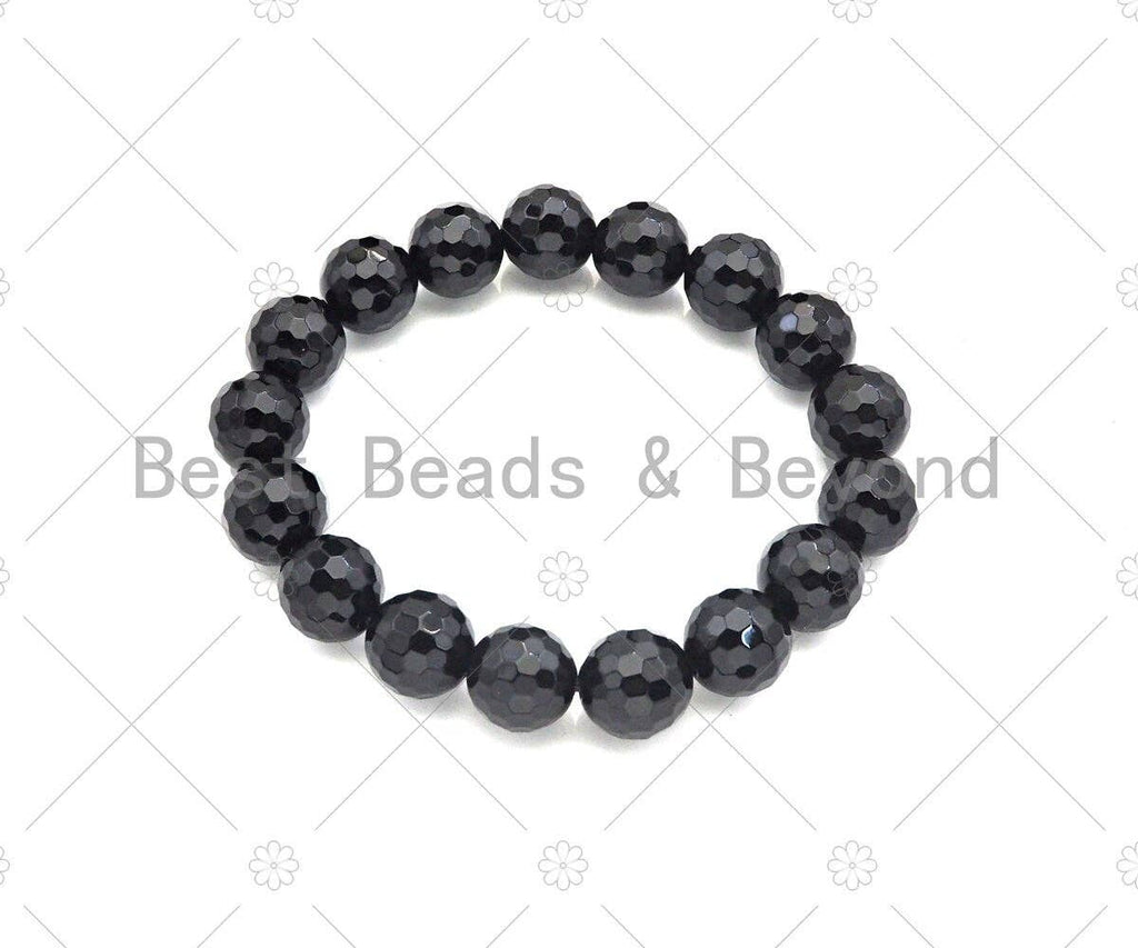 Black Onyx Round Faceted Stretchy Bracelet, Sku#EF04