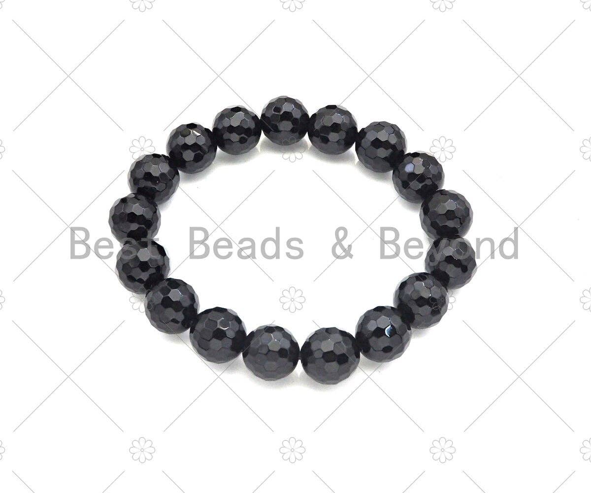 Black Onyx Round Faceted Stretchy Bracelet, Sku#EF04