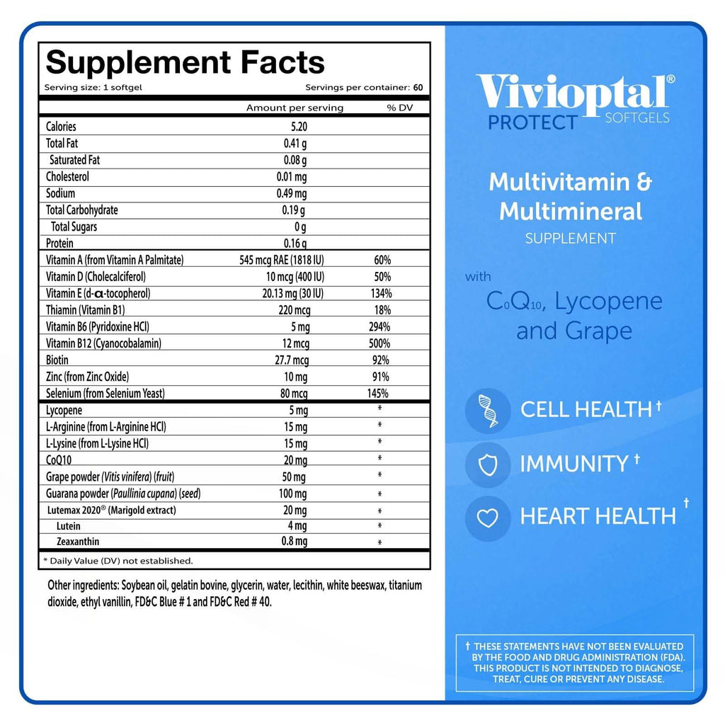 Vivioptal Men, 60 Capsules, CoQ10, Lycopene & Resveratrol, Multivitamin & Multimineral, Gluten Free, German Formula