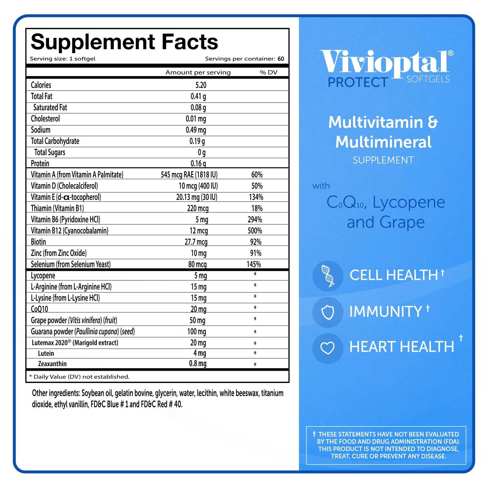 Vivioptal Men, 60 Capsules, CoQ10, Lycopene & Resveratrol, Multivitamin & Multimineral, Gluten Free, German Formula