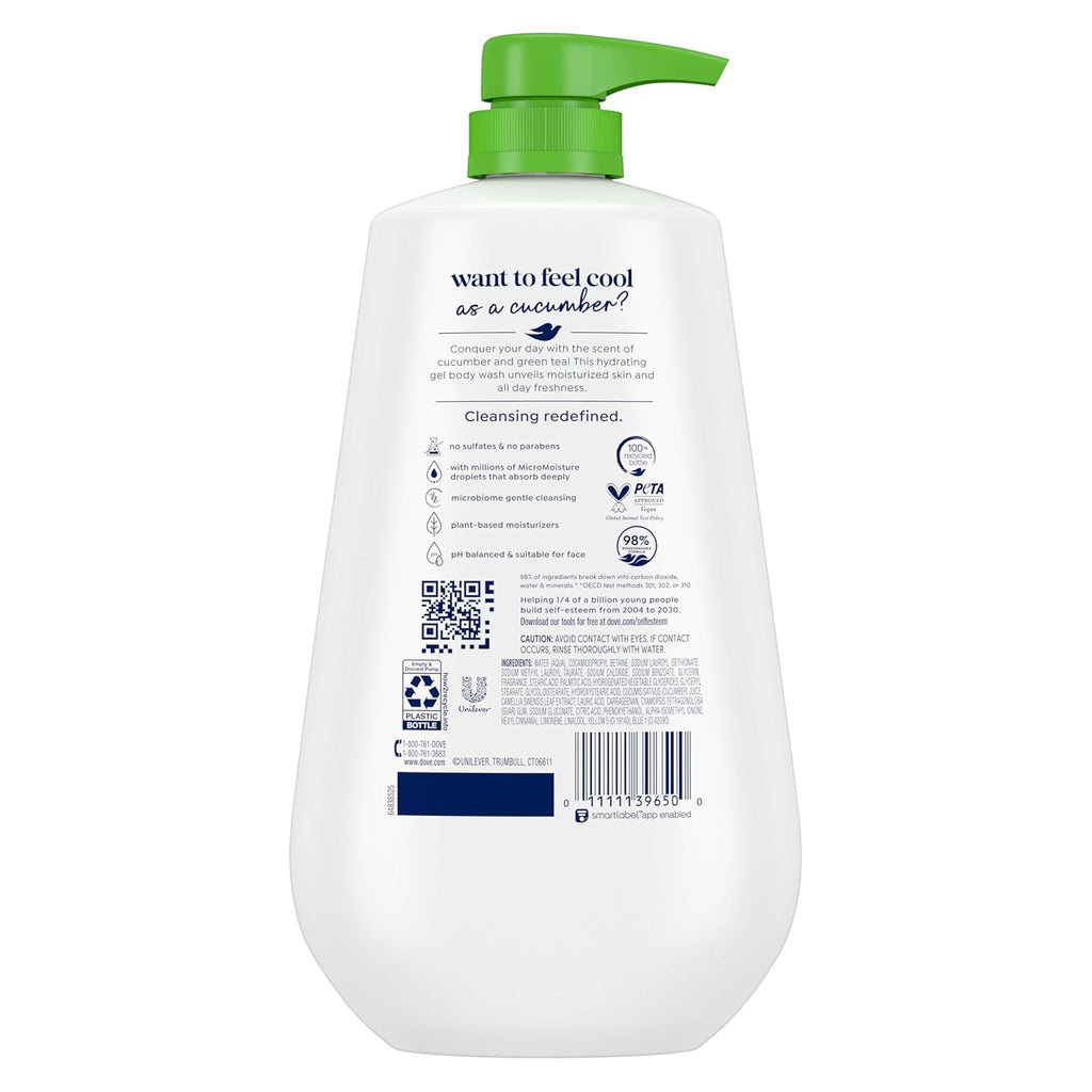 Nettoyant corporel Dove avec pompe, lot de 3, Concombre et thé vert rafraîchissant pour une peau douce comme hydratée pendant 24 h, nettoyant hydratant pour la peau sans sulfates ni parabènes