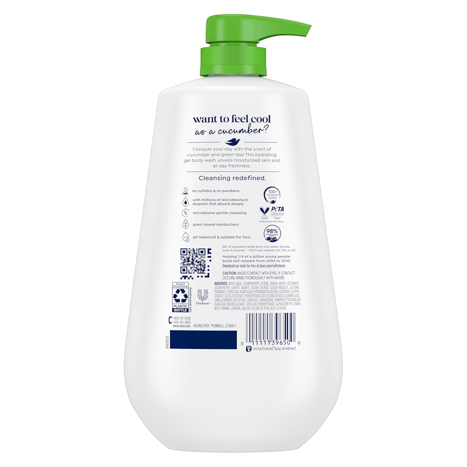 Nettoyant corporel Dove avec pompe, lot de 3, Concombre et thé vert rafraîchissant pour une peau douce comme hydratée pendant 24 h, nettoyant hydratant pour la peau sans sulfates ni parabènes