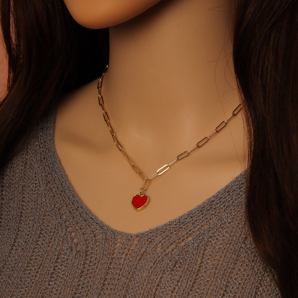 Gold Chain Red Heart White Mop Heart Pendant Necklace, Sku#E