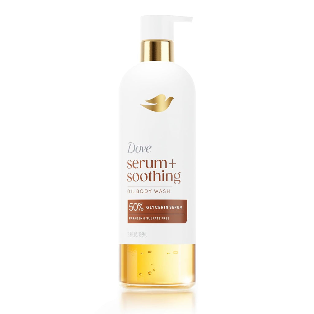 Gel douche huile de douche Dove avec sérum de glycérine, huile d'amande et bois de santal, nettoyant hydratant et apaisant pour peaux sèches, 452 ml