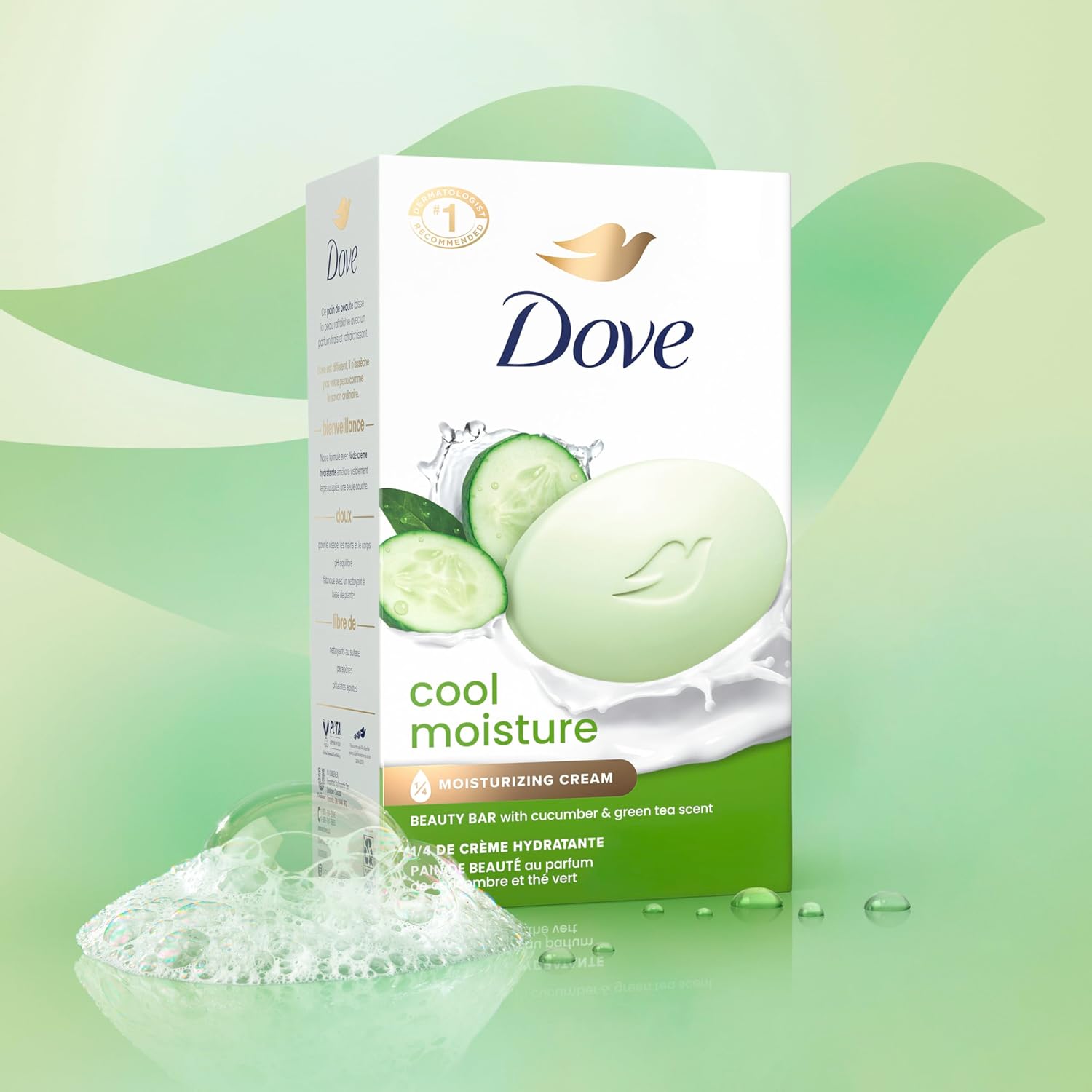 Pain de toilette Dove hydratation fraîcheur concombre et thé vert, 8 pains pour une peau rafraîchie, laisse la peau rafraîchie 106 g