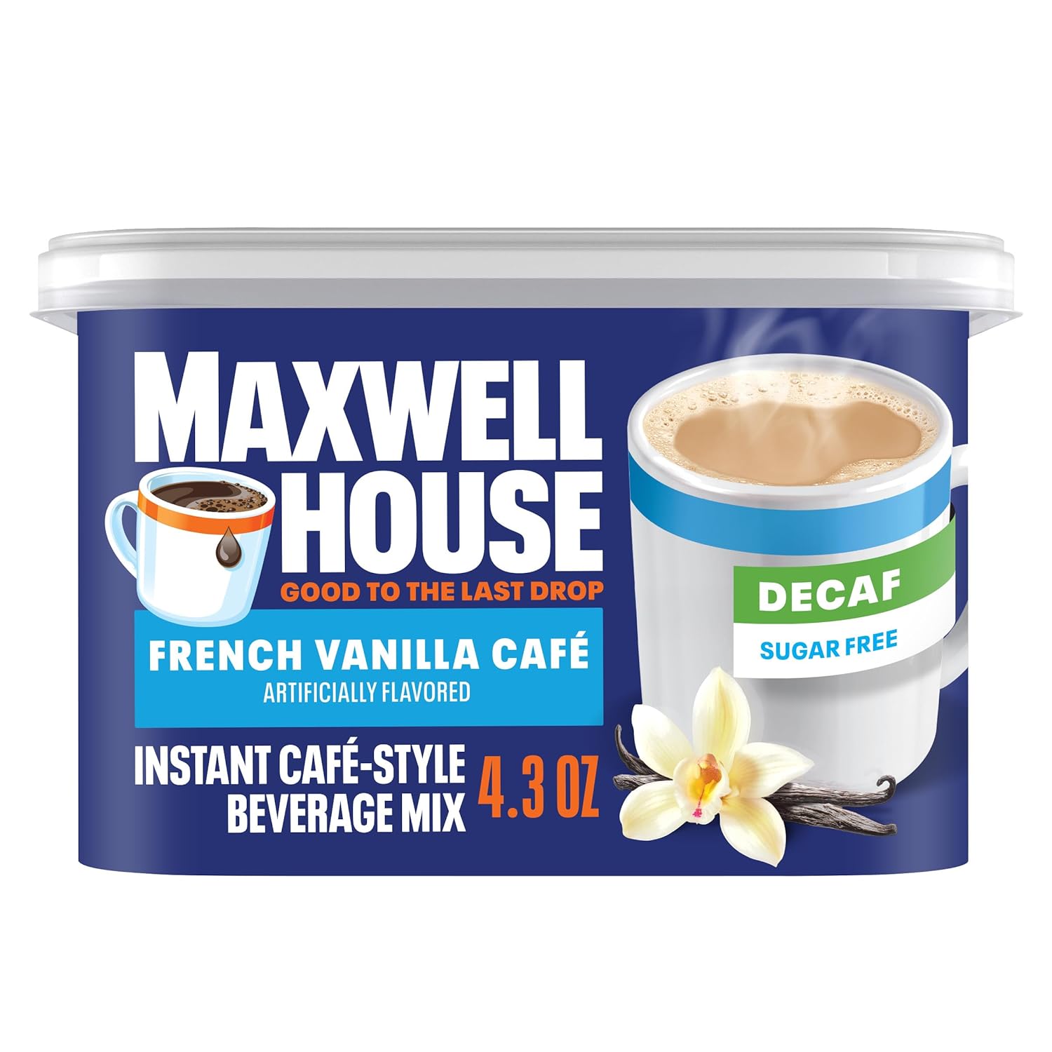 Maxwell House Préparation instantanée pour boisson de style café, décaféinée et sans sucre, facile à préparer, 1 boîte, pour un café rapide le matin ou une gâterie l'après-midi, café vanille française, produits laitiers casher, 121,9 g