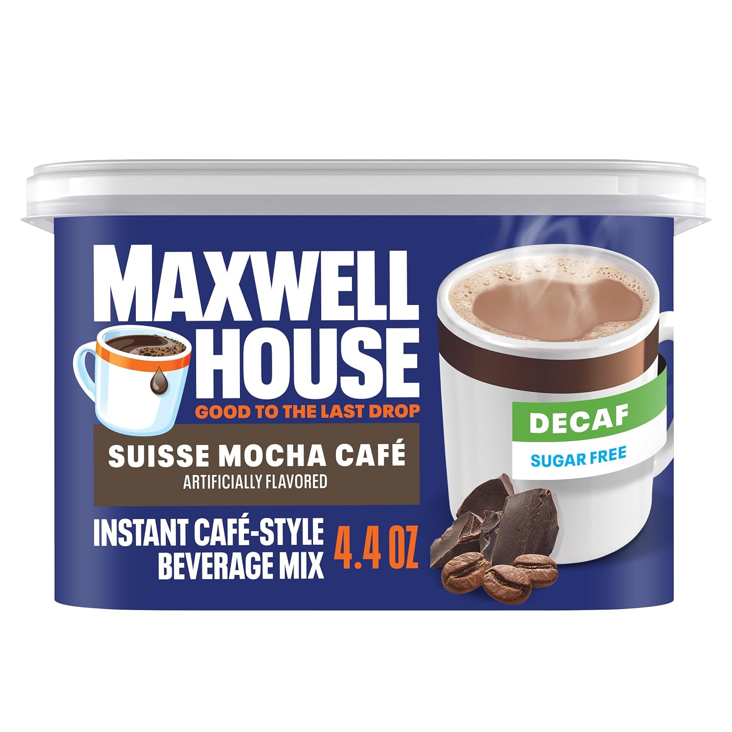 Mélange pour boisson instantanée style café Maxwell House, décaféiné et sans sucre, facile à préparer, 1 boîte, pour un café rapide le matin ou une gâterie l'après-midi, Café mocca suisse, lait casher, 124 g