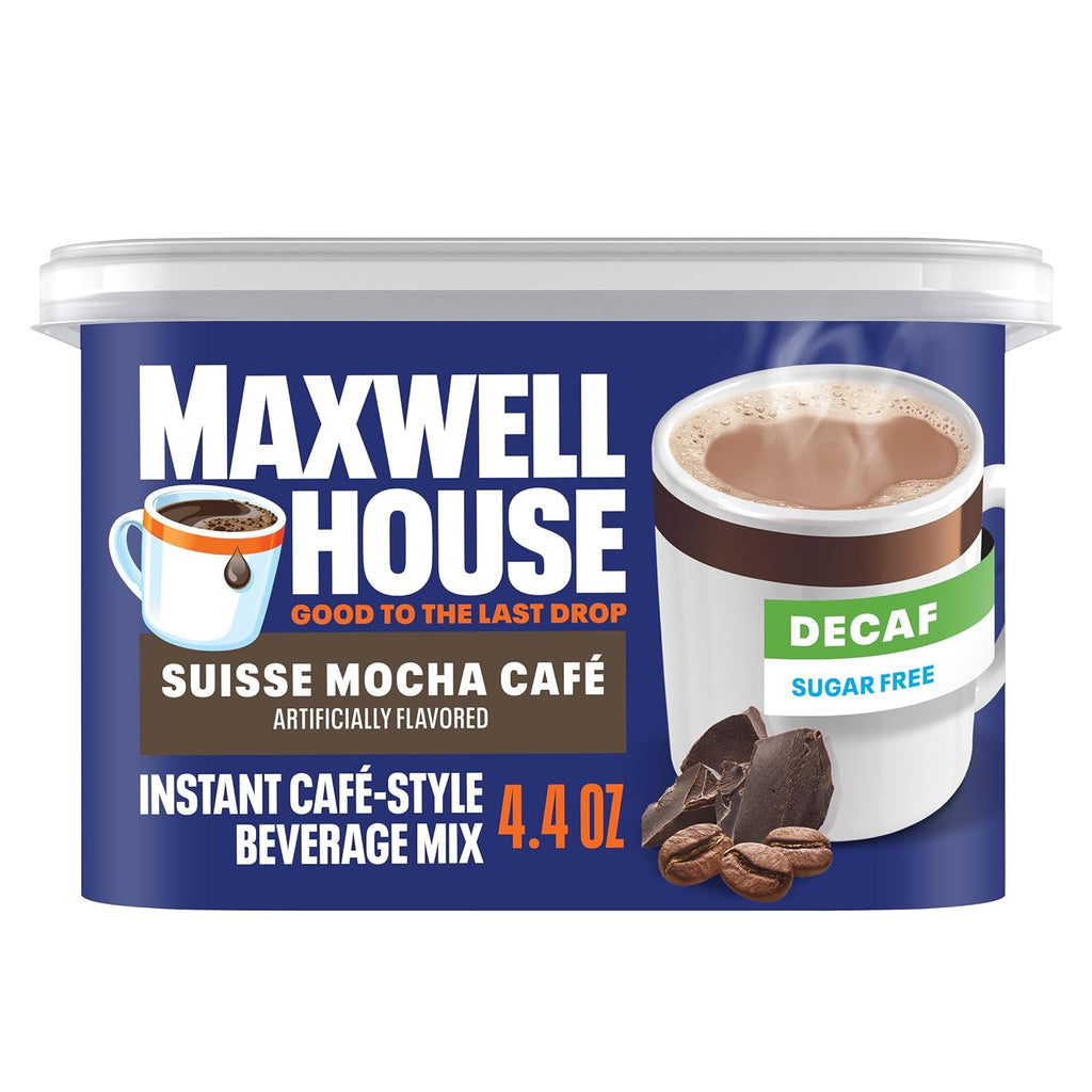 Mélange pour boisson instantanée style café Maxwell House, décaféiné et sans sucre, facile à préparer, 1 boîte, pour un café rapide le matin ou une gâterie l'après-midi, Café mocca suisse, lait casher, 124 g