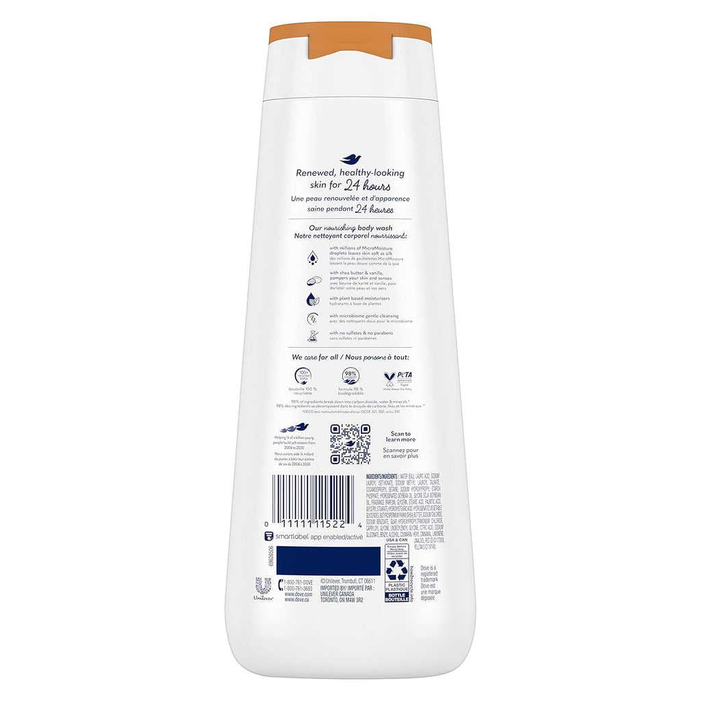 Gel douche Dove 4 unités au beurre de karité et à la vanille pour une peau renouvelée et d'apparence saine Nettoyant doux pour la peau avec MicroHydratation renouvelante 24h 591 ml