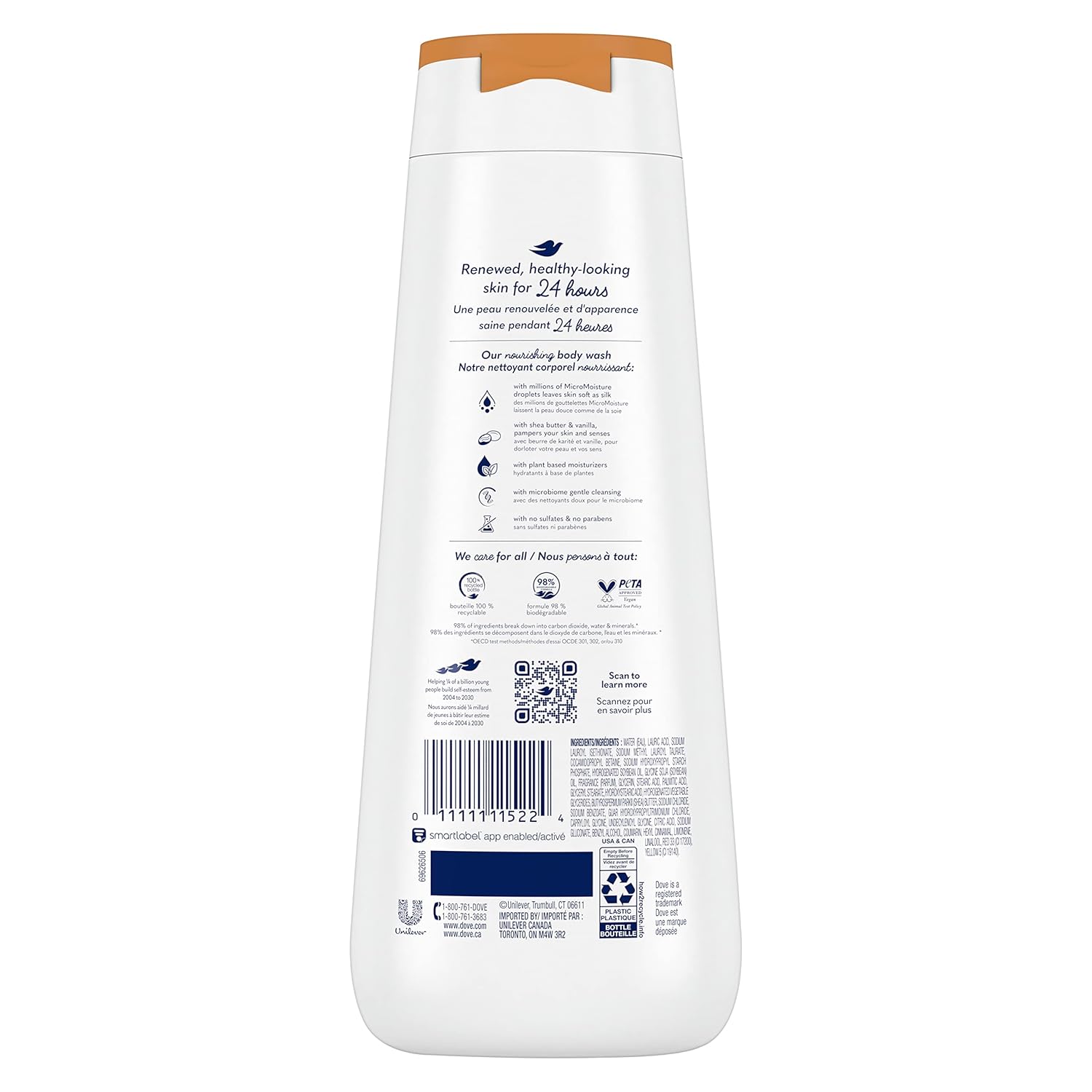 Gel douche Dove 4 unités au beurre de karité et à la vanille pour une peau renouvelée et d'apparence saine Nettoyant doux pour la peau avec MicroHydratation renouvelante 24h 591 ml