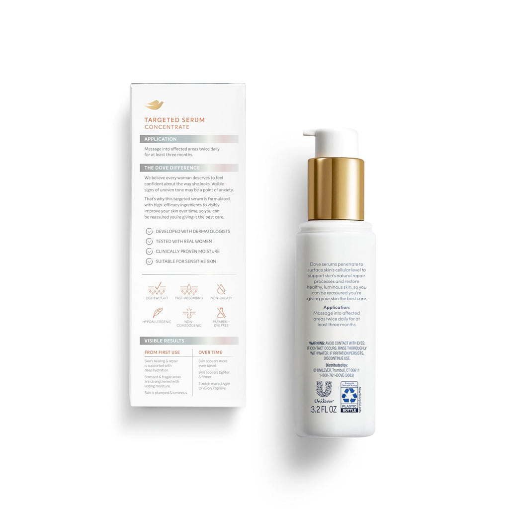 Sérum multi-usages Dove Targeted pour les vergetures, les taches brunes, le teint irrégulier et l'élasticité, avec complexe Tone Balance, niacinamide, peptides de collagène et facteurs naturels d'hydratation, 90 ml