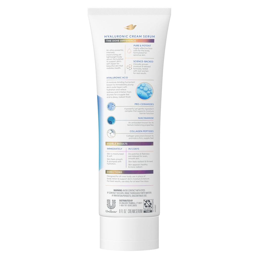 Sérum en crème Dove à l'acide hyaluronique + hydratation pour peaux très sèches et squameuses, avec pro-céramides, niacinamide et peptides de collagène, 236 ml